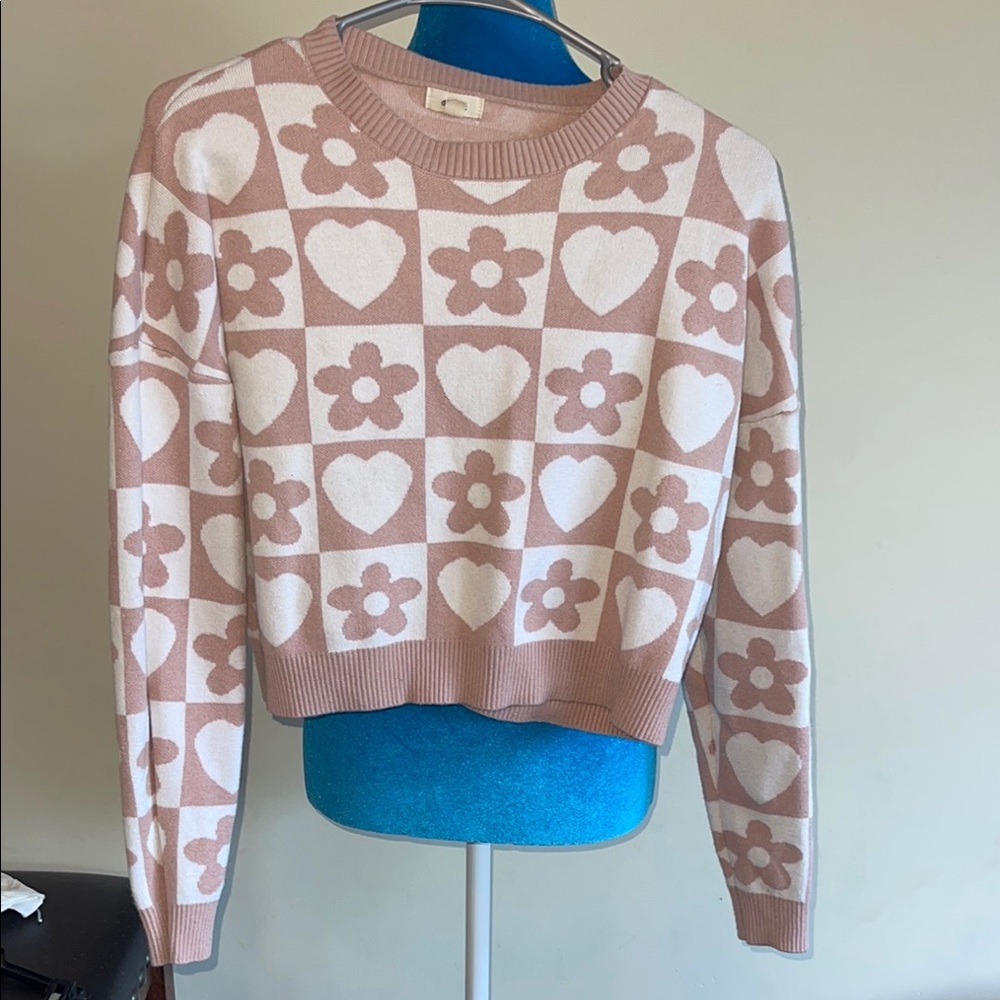 Debut Pink and Cream Tan Heart Floral Sweater